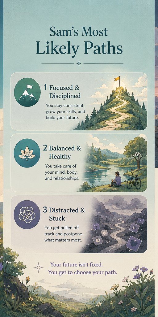 Reanimo &ldquo;Most Likely Paths&rdquo; screen comparing three directions: focused and disciplined, balanced and healthy, and distracted and stuck.
