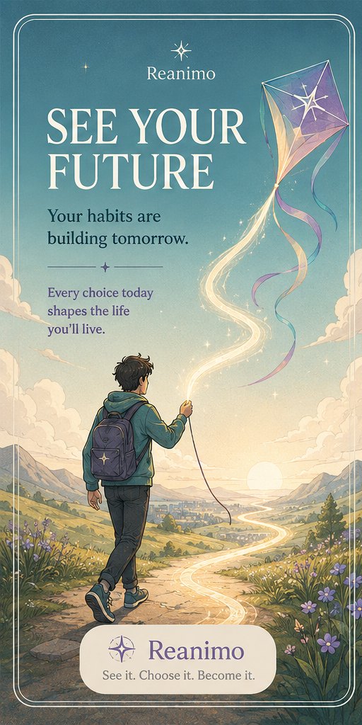 Reanimo &ldquo;See Your Future&rdquo; screen: a person walks a glowing path toward the horizon holding a kite, above the line &lsquo;Your habits are building tomorrow.&rsquo;